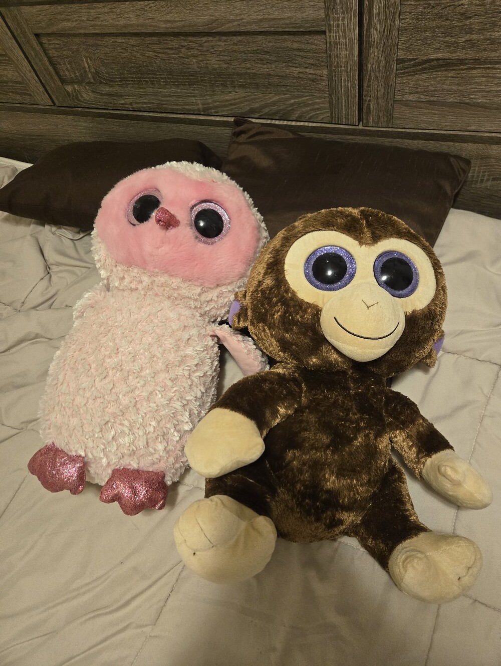 Large Plush Pink Owl & Brown Monkey Plush Toy Duo